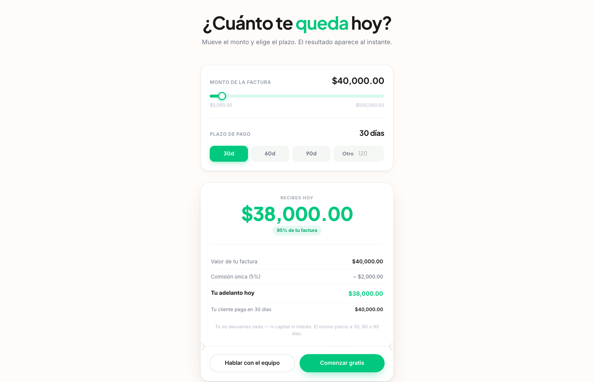 Simulador de Quedan — calcula tu adelanto al instante